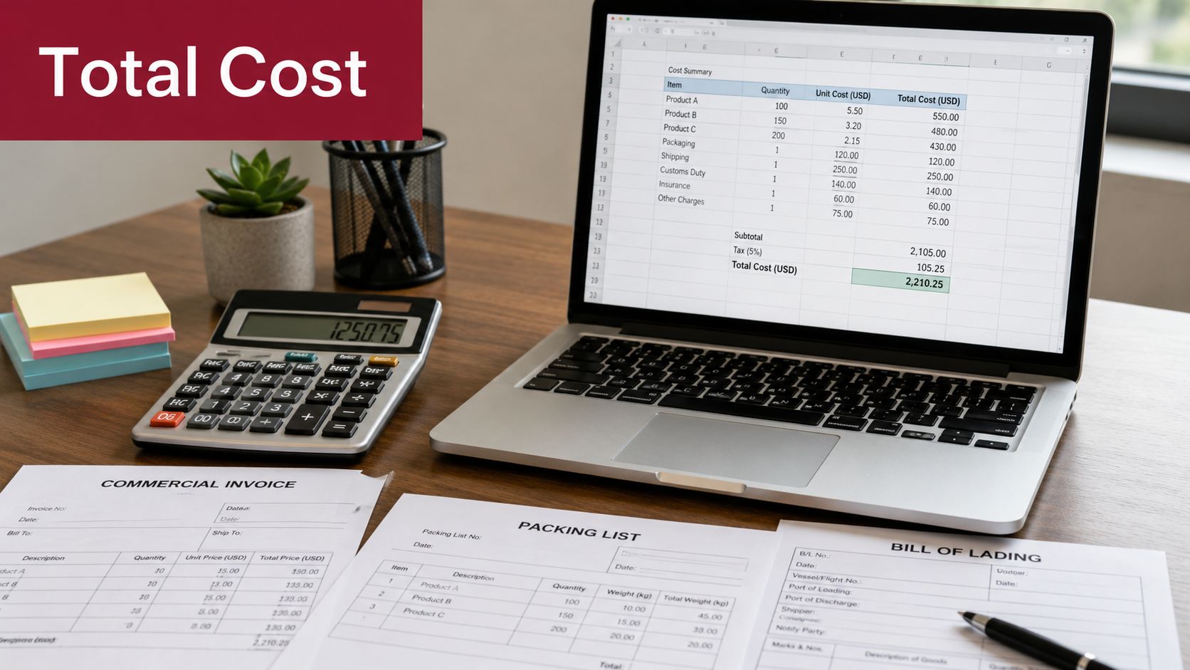 A workspace featuring a laptop displaying a cost summary spreadsheet alongside shipping documents and a calculator.