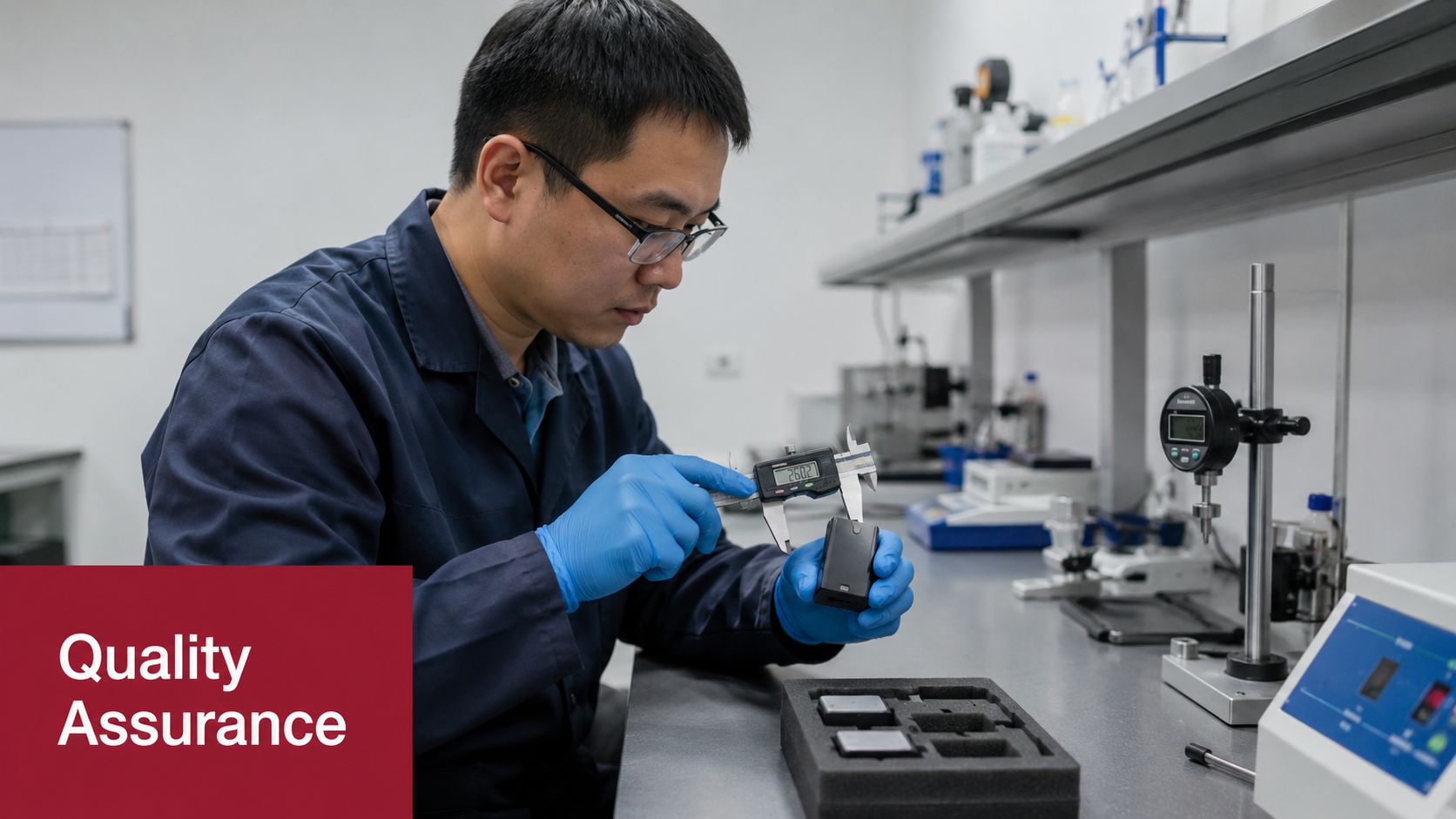 A technician wearing blue gloves measures a small component with a digital caliper in a lab.