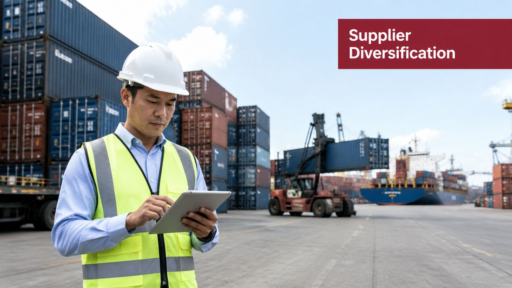 A professional shipping manager wearing a hard hat and safety vest reviews data on a tablet in a port.