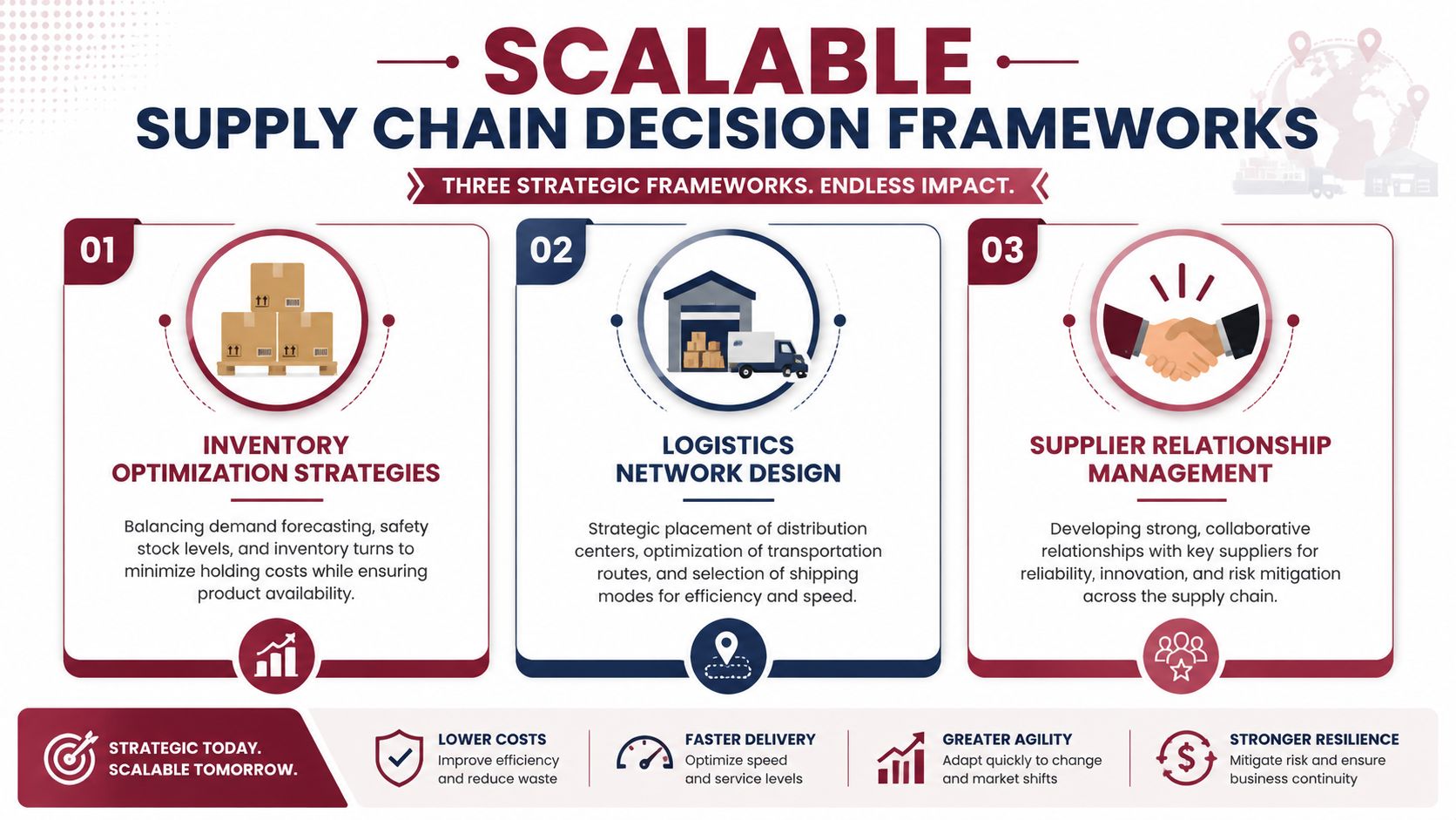 A visual guide illustrating three scalable supply chain decision frameworks for inventory, logistics, and supplier relationships.