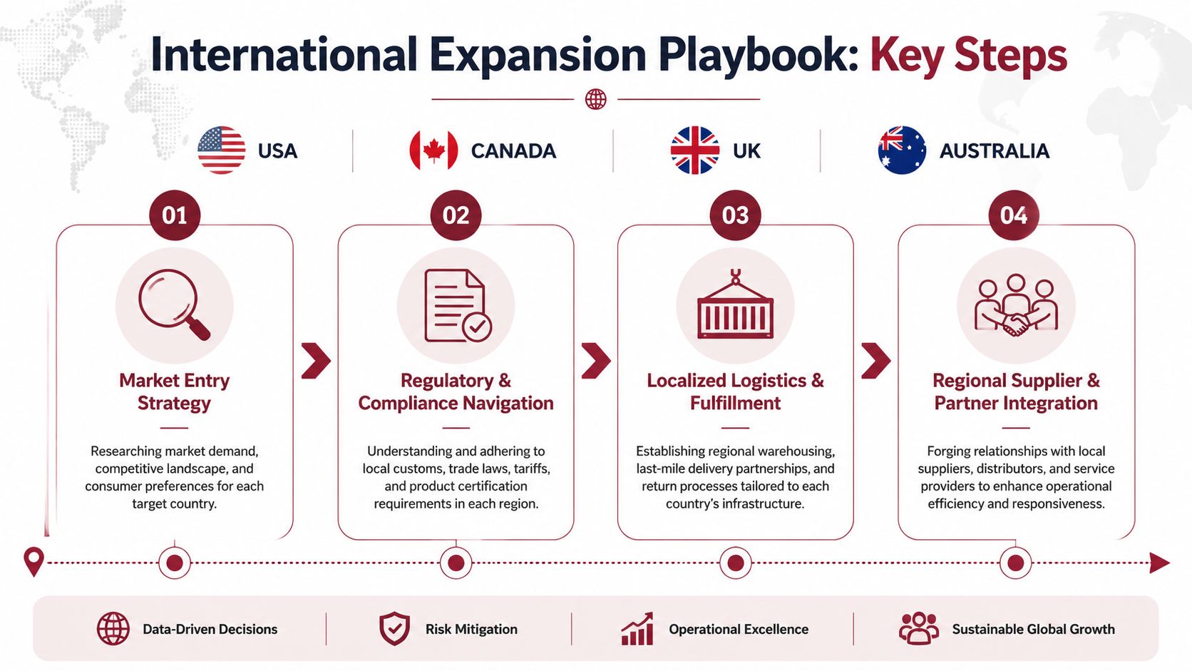 A four-step infographic showing key strategies for international business expansion including market research, regulatory compliance, logistics, and partnerships.
