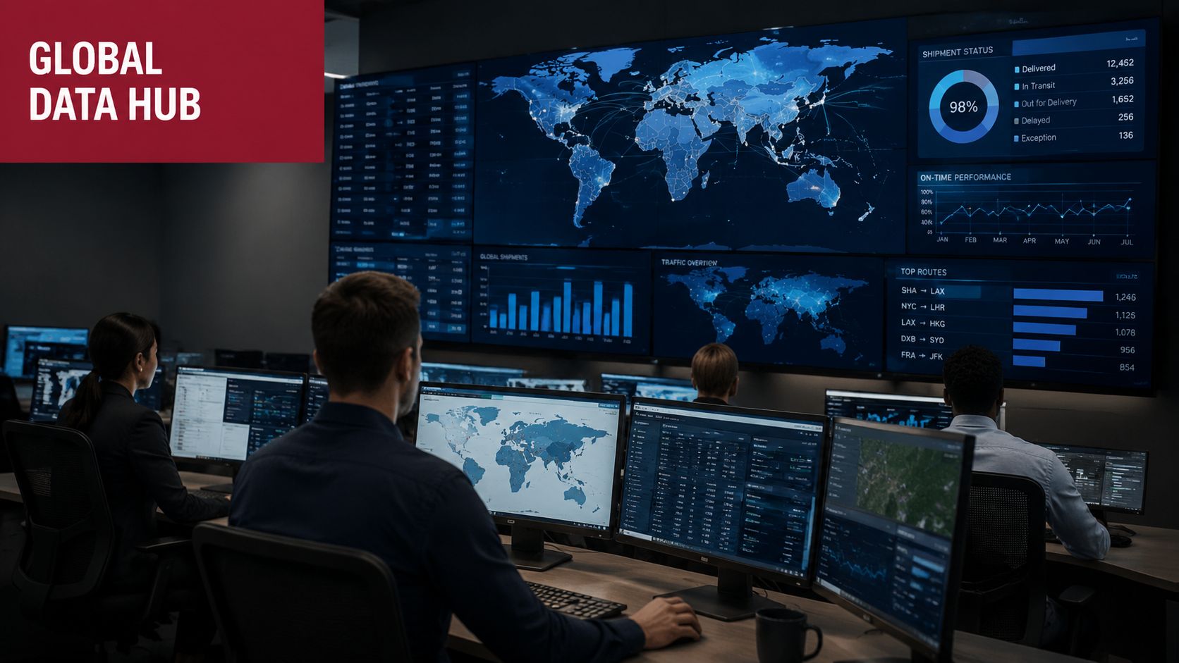 A team of data analysts monitoring global logistics and shipping data on a large digital screen dashboard.