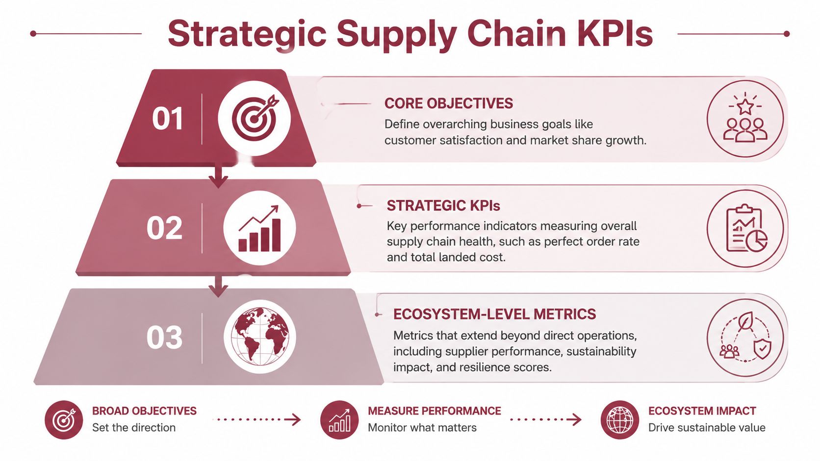 A hierarchical infographic chart illustrating strategic supply chain KPIs ranging from core objectives to ecosystem-level metrics.