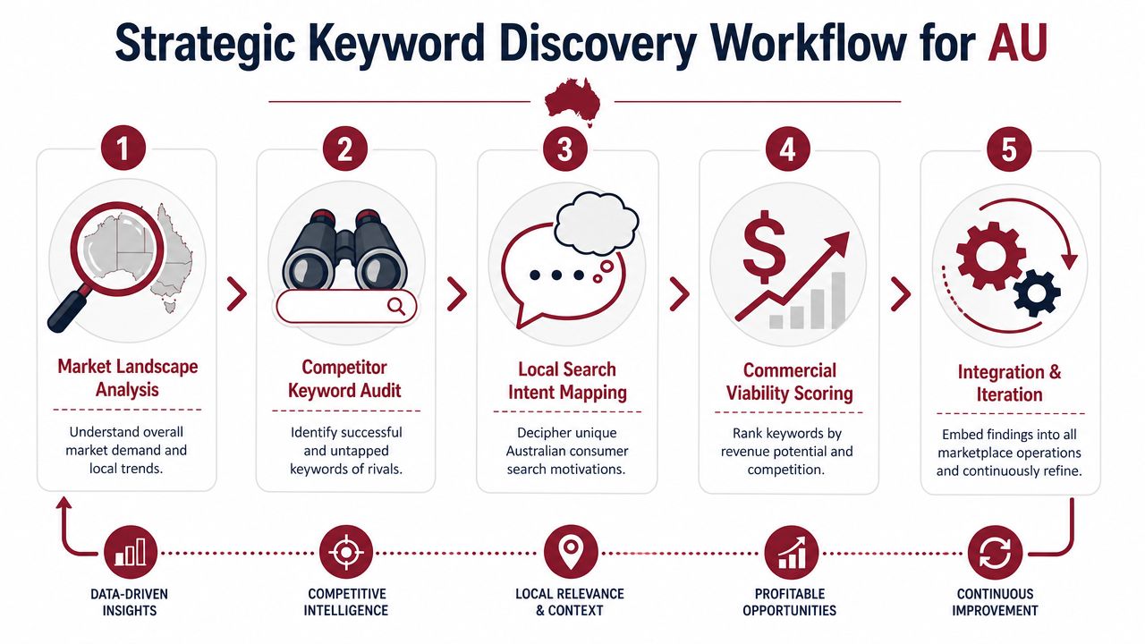 A five-step strategic workflow diagram for Australian Amazon keyword discovery, analysis, and optimization.
