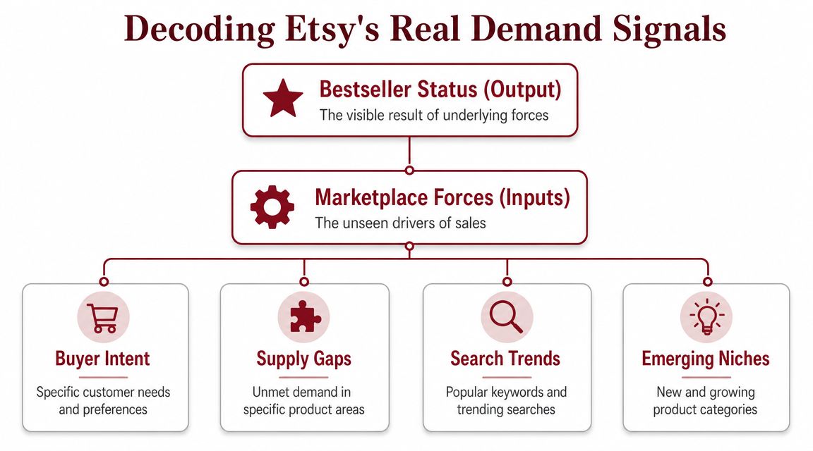 A diagram explaining Etsy's real demand signals including marketplace forces like buyer intent, supply gaps, search trends, and niches.