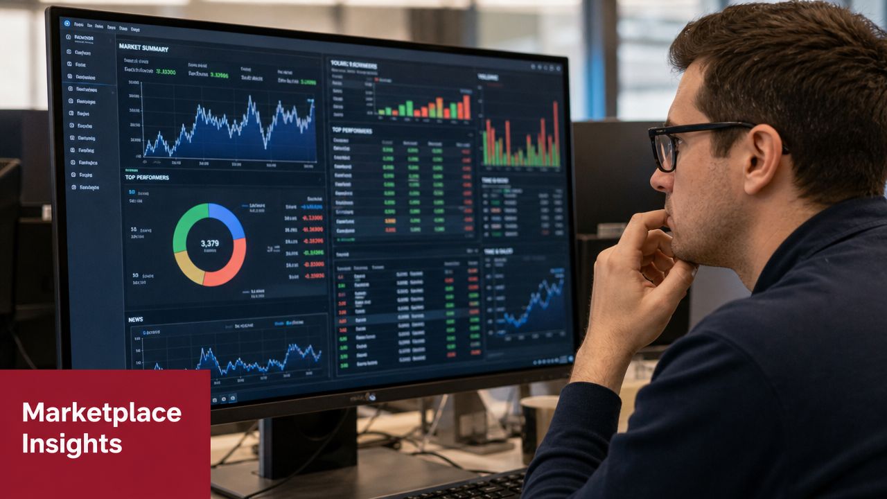 A professional analyzing complex market data and stock performance charts on a large computer screen monitor.