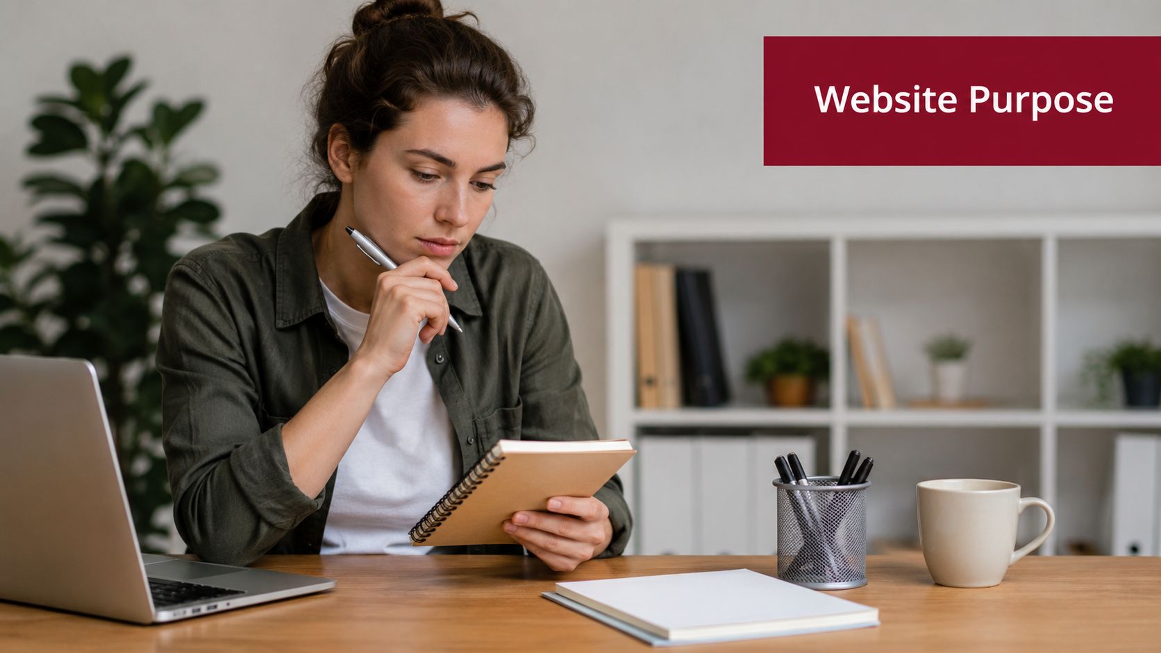 A woman thinking while working at her desk with a laptop and notebook, suggesting website planning.