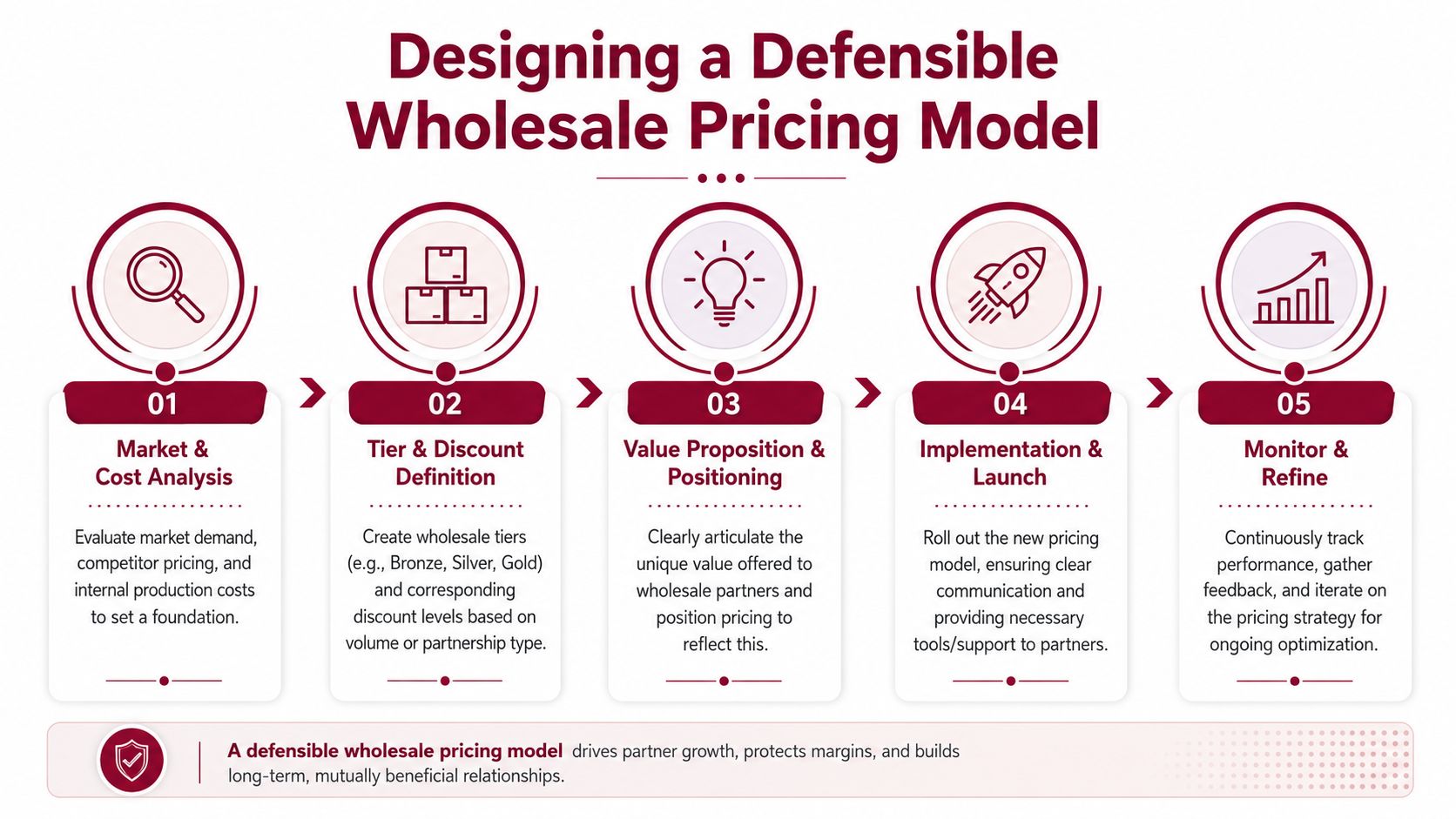 A five-step infographic showing the process of designing a defensible wholesale pricing model for business growth.