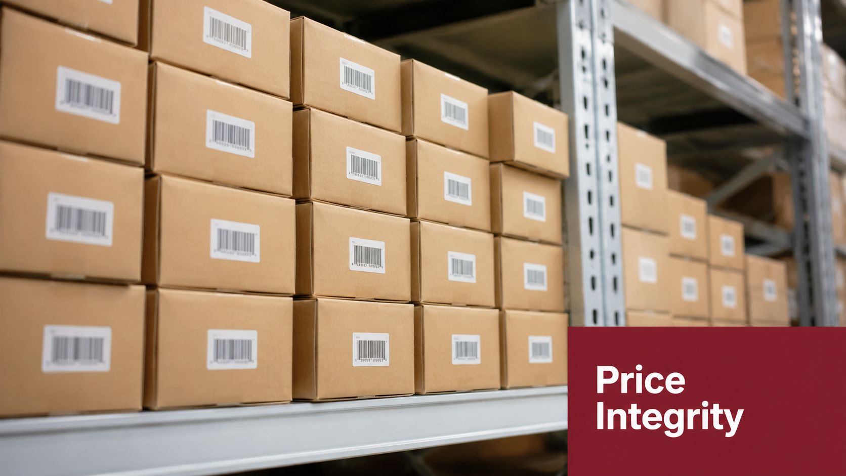 Stacked cardboard shipping boxes arranged neatly on warehouse metal shelving units under bright fluorescent lighting.