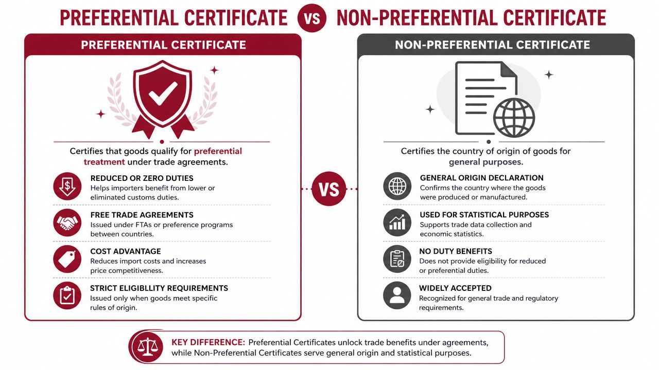 An infographic comparing the features of preferential and non-preferential certificates of origin in international trade.
