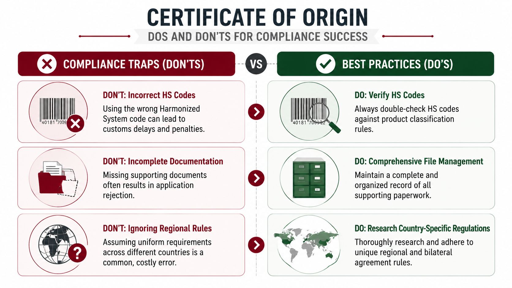 An infographic showing compliance tips for Certificate of Origin documents, contrasting common mistakes with best practices.