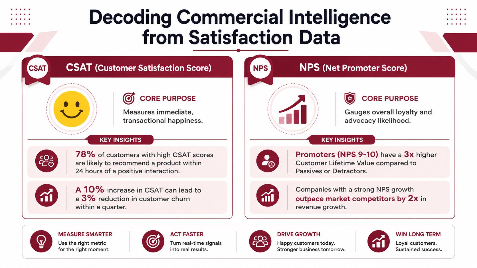 An infographic comparing Customer Satisfaction Score (CSAT) and Net Promoter Score (NPS) for business intelligence.