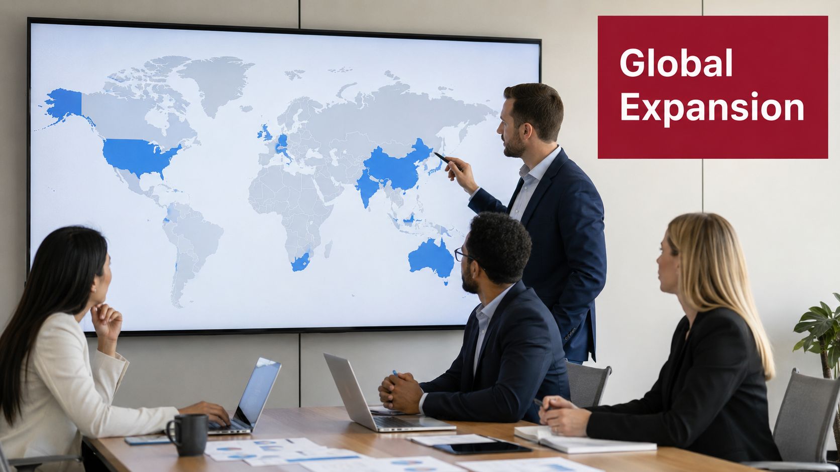 A professional business team holding a strategic meeting to discuss global expansion using a large digital map.