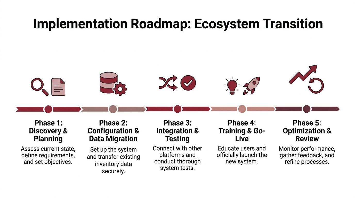 A five-phase infographic roadmap detailing the strategic process for a business ecosystem transition and system implementation.