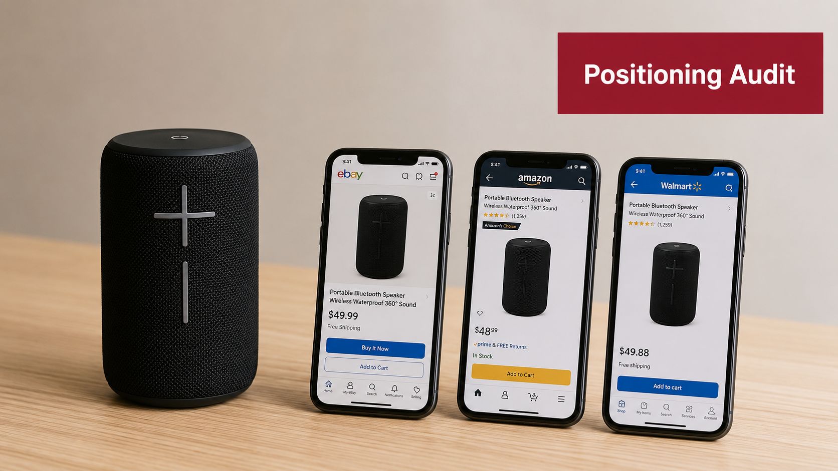 A black portable Bluetooth speaker next to three smartphones displaying online product listings on e-commerce websites.