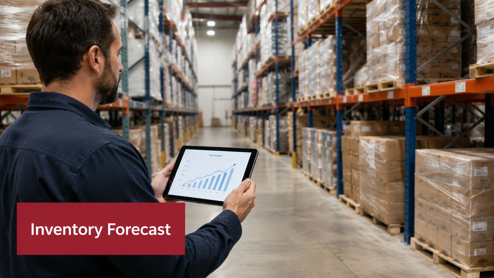 A warehouse worker holding a digital tablet displaying an upward trending stock forecast graph in a warehouse.