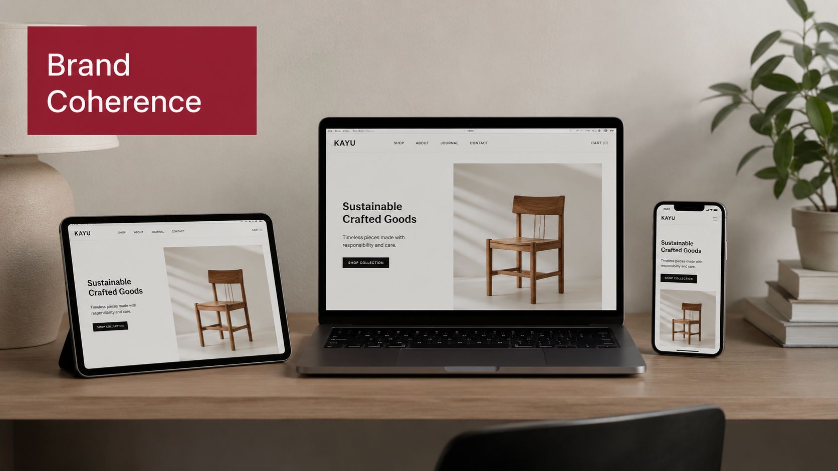 A laptop, tablet, and smartphone displaying a consistent website design on a wooden desk.