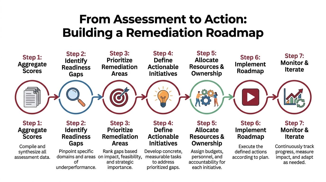 A seven-step flowchart titled From Assessment to Action for building an organizational remediation roadmap.