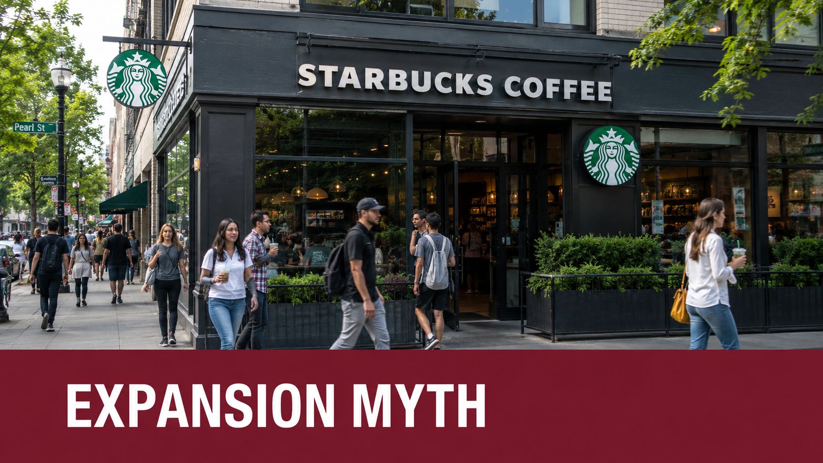 A busy city sidewalk in front of a modern Starbucks coffee shop with several pedestrians walking past.