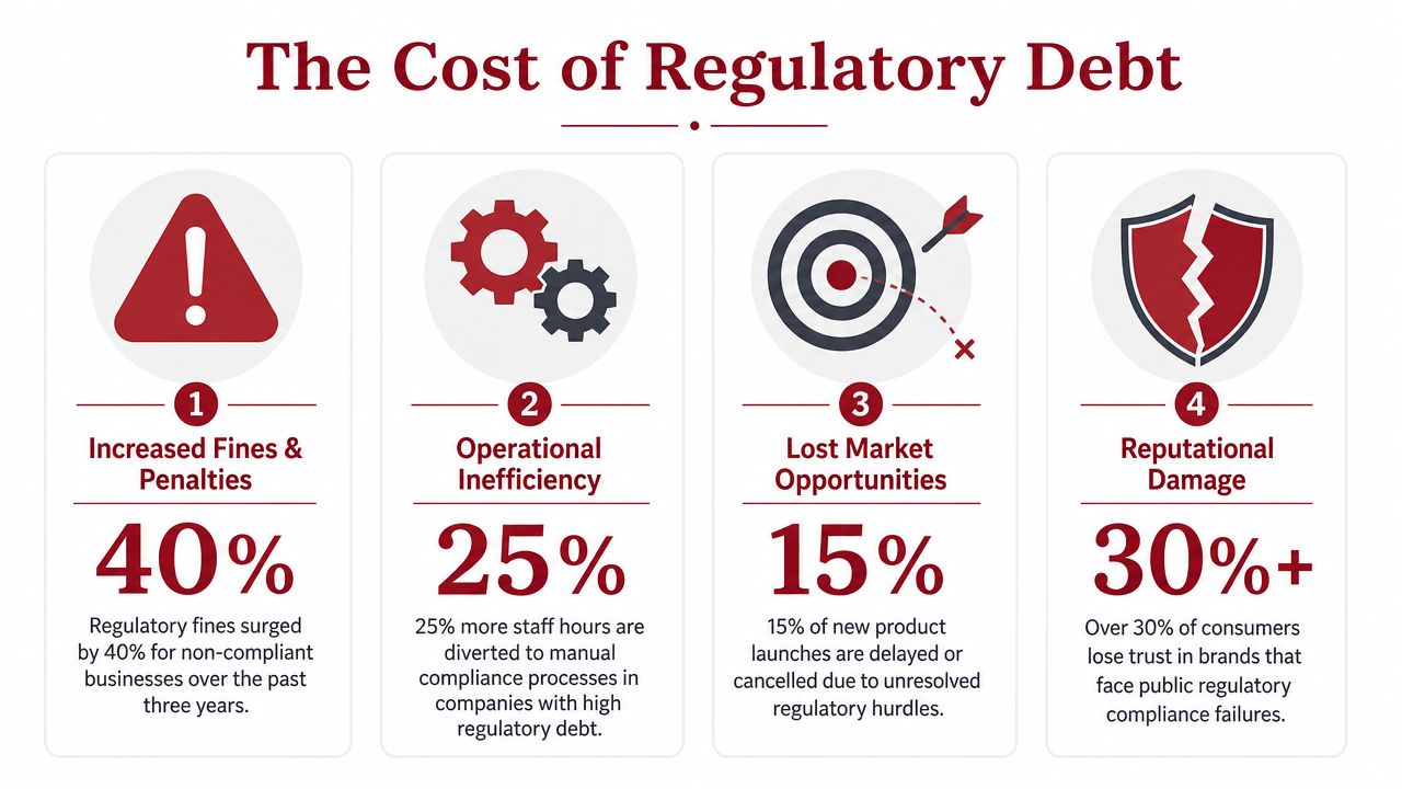 An infographic titled The Cost of Regulatory Debt detailing four financial and operational impacts of regulatory non-compliance.