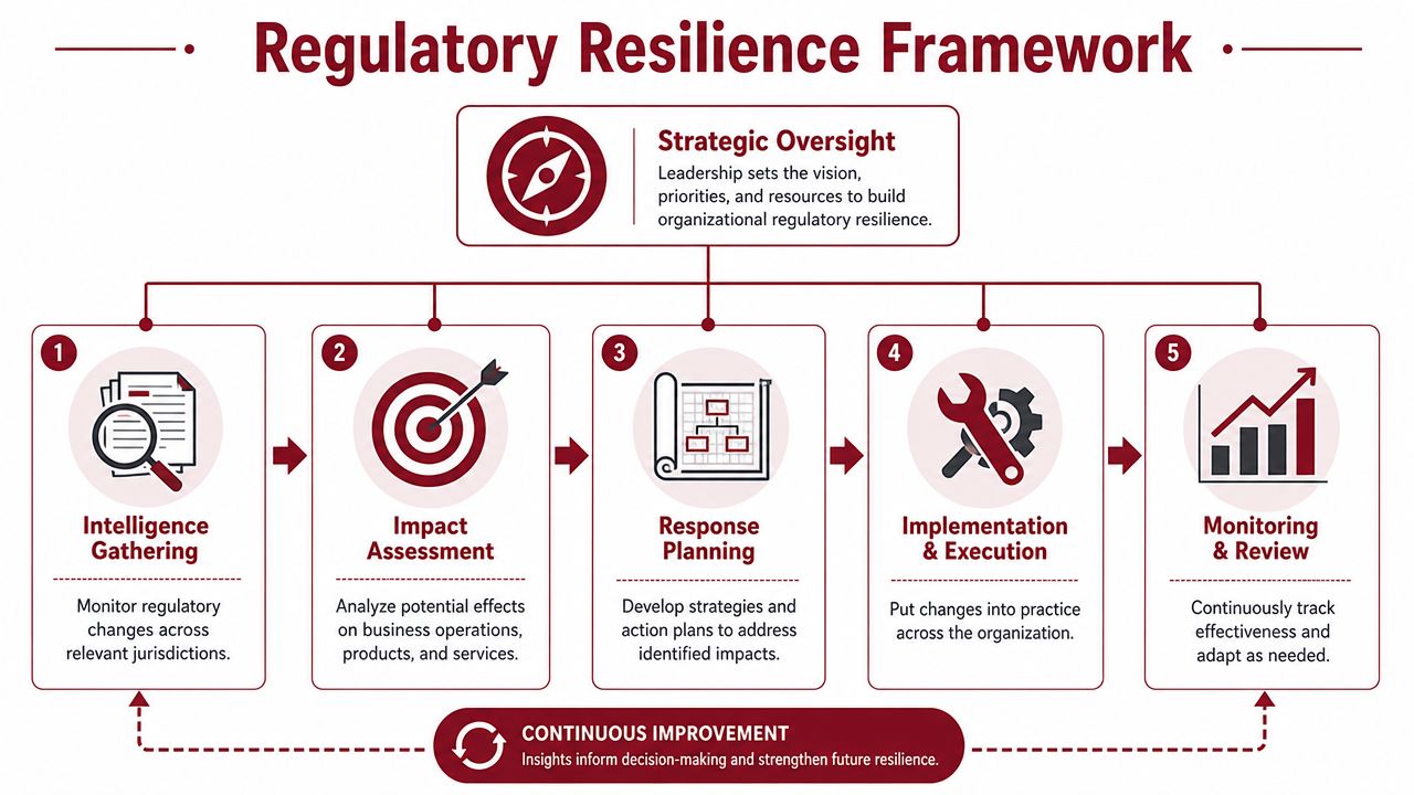 A five-step infographic showing the Regulatory Resilience Framework for organizational compliance, strategy, and continuous improvement processes.