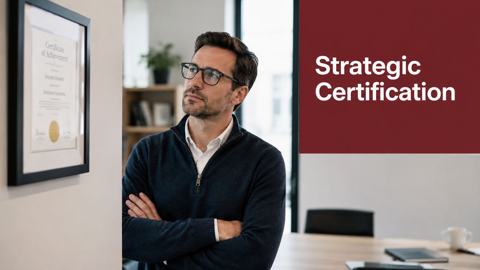 A professional man with glasses looking at a framed certificate of achievement on his office wall.
