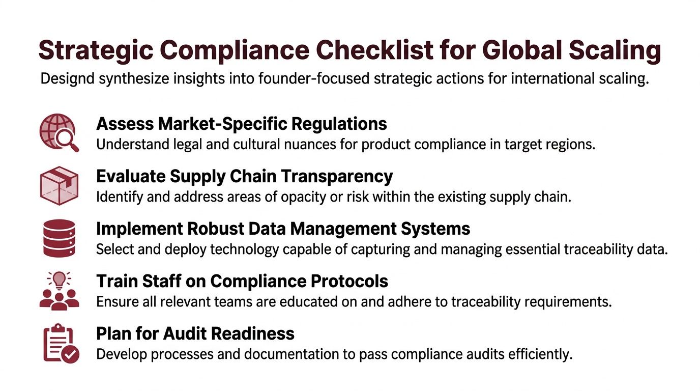 A strategic compliance checklist for global scaling outlining essential steps for businesses to ensure international regulatory adherence.