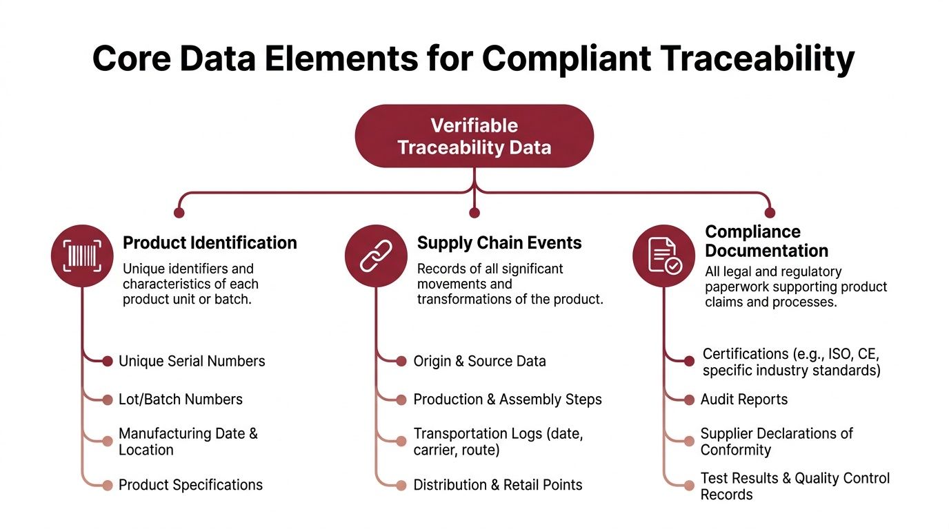 A diagram illustrating the core data elements required for verifiable and compliant product traceability.