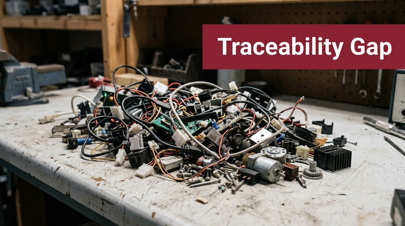 A cluttered workbench covered with various electronic components, tangled wires, and old hardware parts.