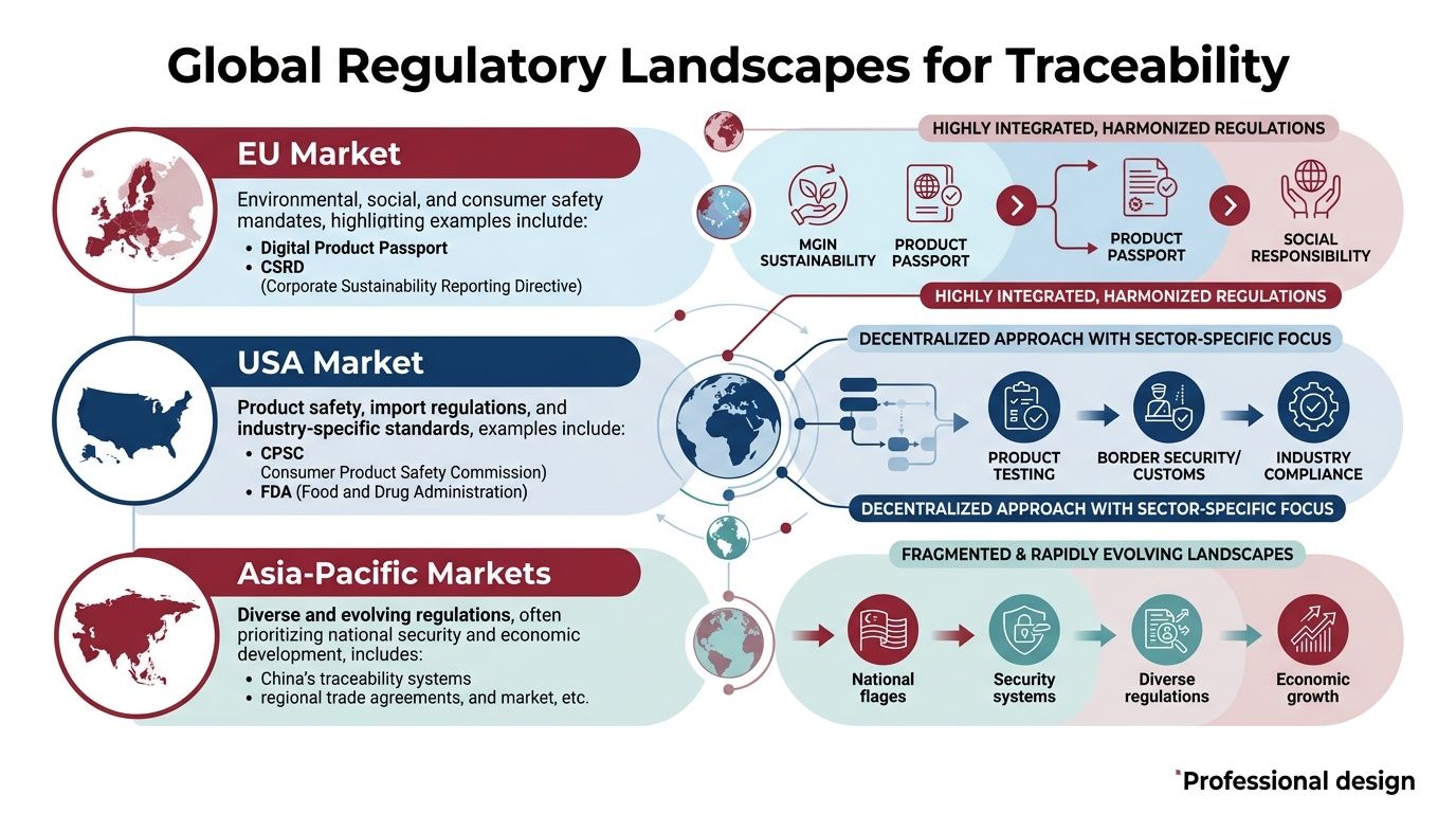 A diagram comparing global traceability regulatory landscapes for the EU, USA, and Asia-Pacific markets.
